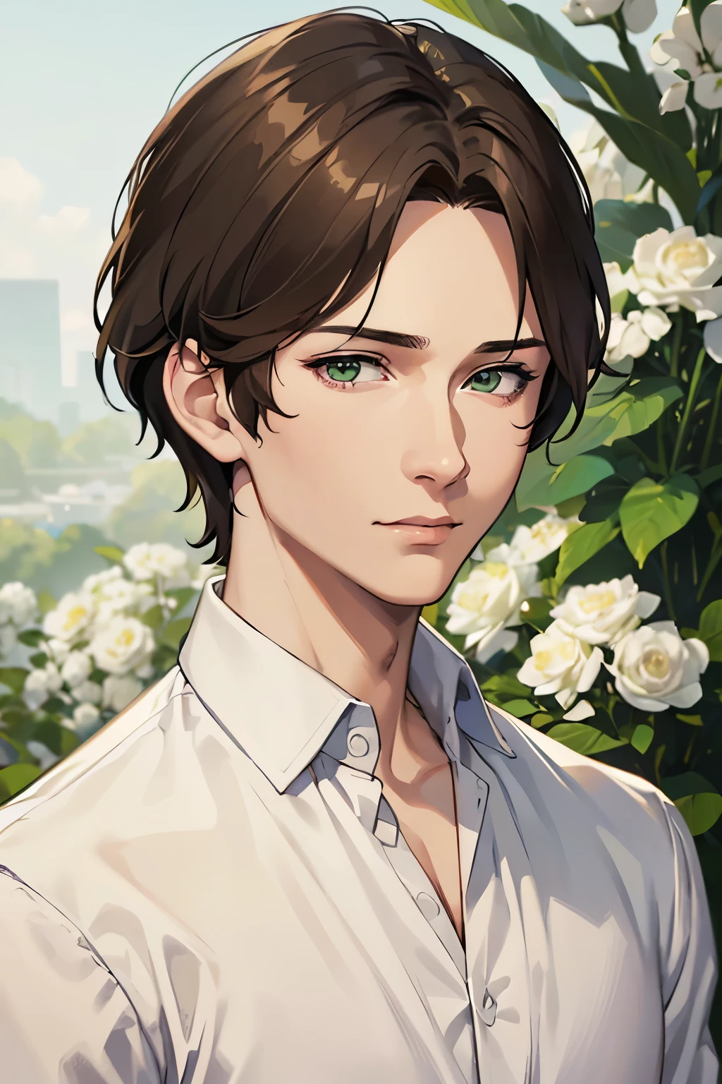 masterpiece, best quality, 1boy, brown hair, green eyes, short hair, side part, white shirt, confident, sharp eyes, mature, masculine, fierce, realistic face, realistic eyes, closed up, upper body, looking at viewer, detailed eyes, detailed facial features, realistic and high resolution (best quality, 4k, 8k, highres, masterpiece:1.2)