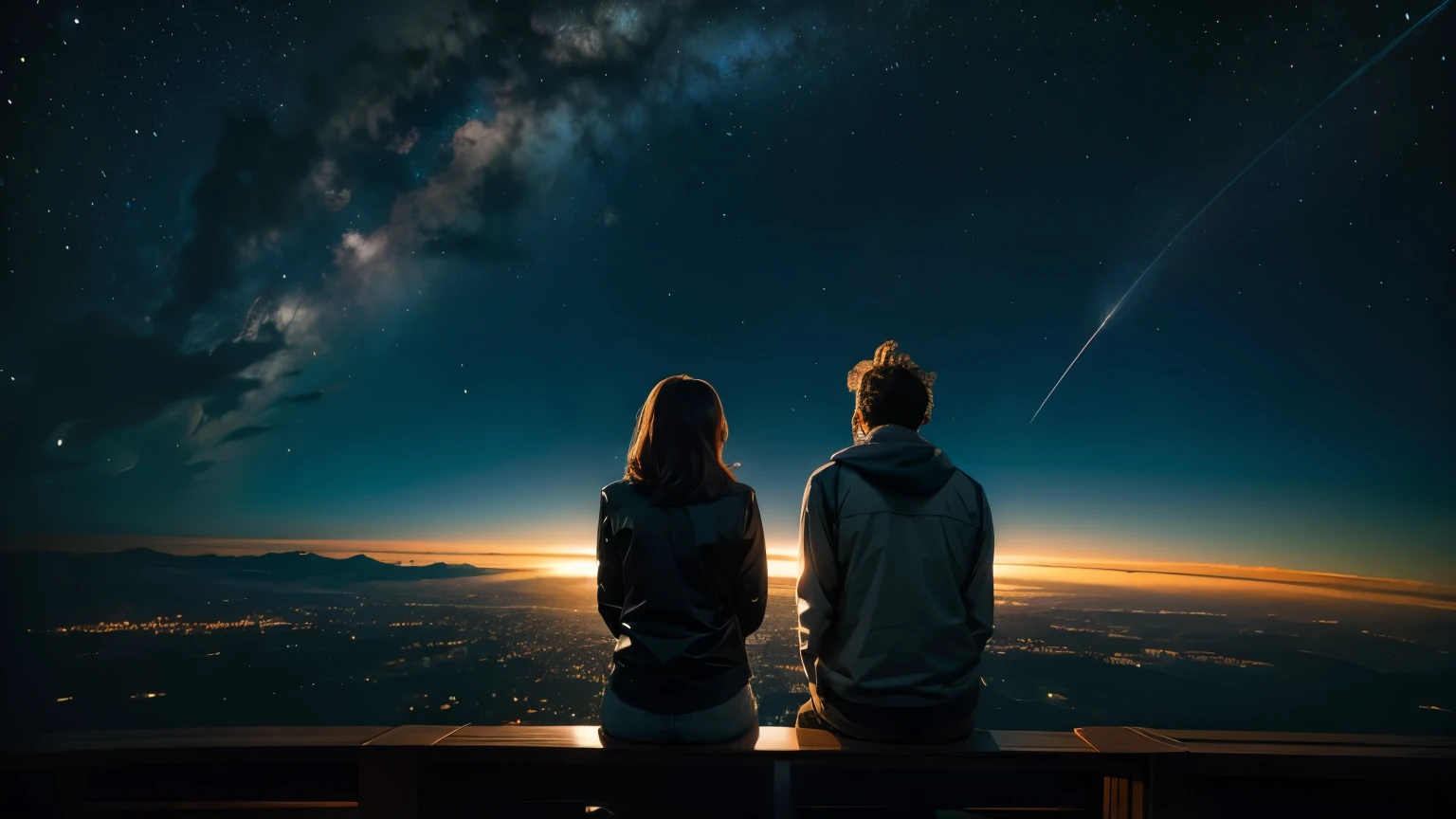 They are sitting on a bench looking at the night sky - SeaArt AI