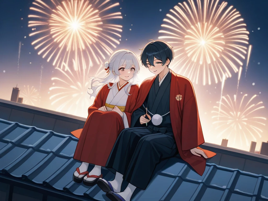 Two s are sitting on the roof, winter is outside, New Year's Eve. Happiness is depicted on the boys' faces, they look at the bright fireworks. One boy will have shoulder-length wavy white hair, and the other will have the same hair, only purple. The New Year's atmosphere should be shown.