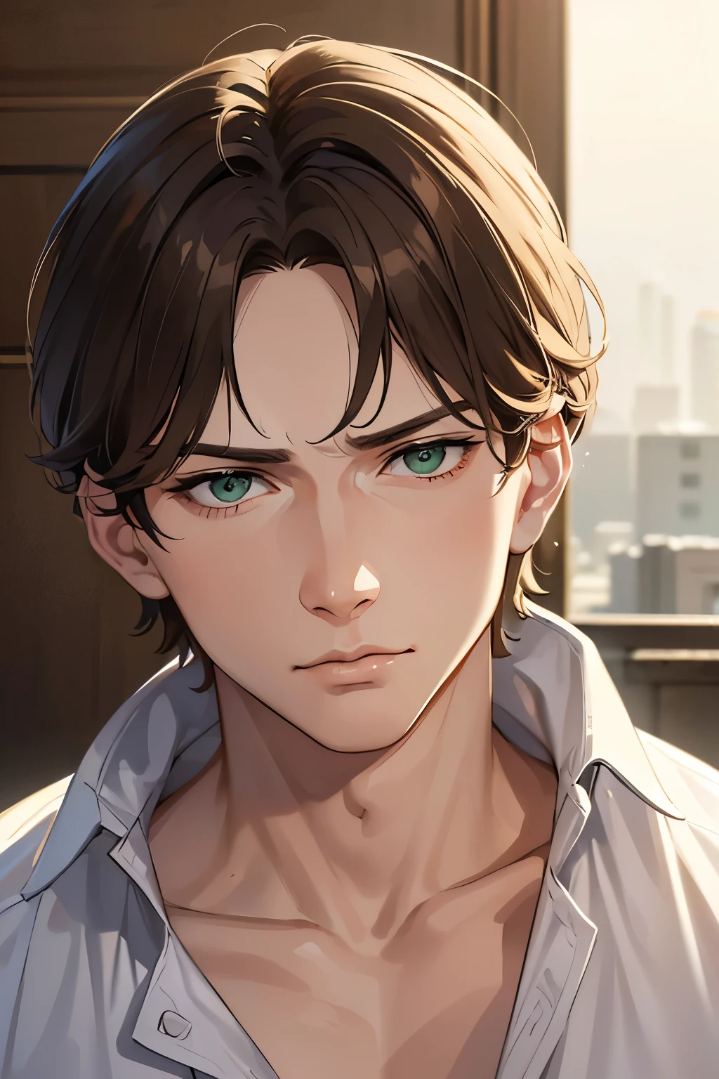 masterpiece, best quality, 1boy, brown hair, green eyes, short hair, side part, white shirt, confident, sharp eyes, mature, masculine, fierce, angry face, serious face, realistic face, realistic eyes, closed up, upper body, looking at viewer, detailed eyes, detailed facial features, realistic and high resolution (best quality, 4k, 8k, highres, masterpiece:1.2)