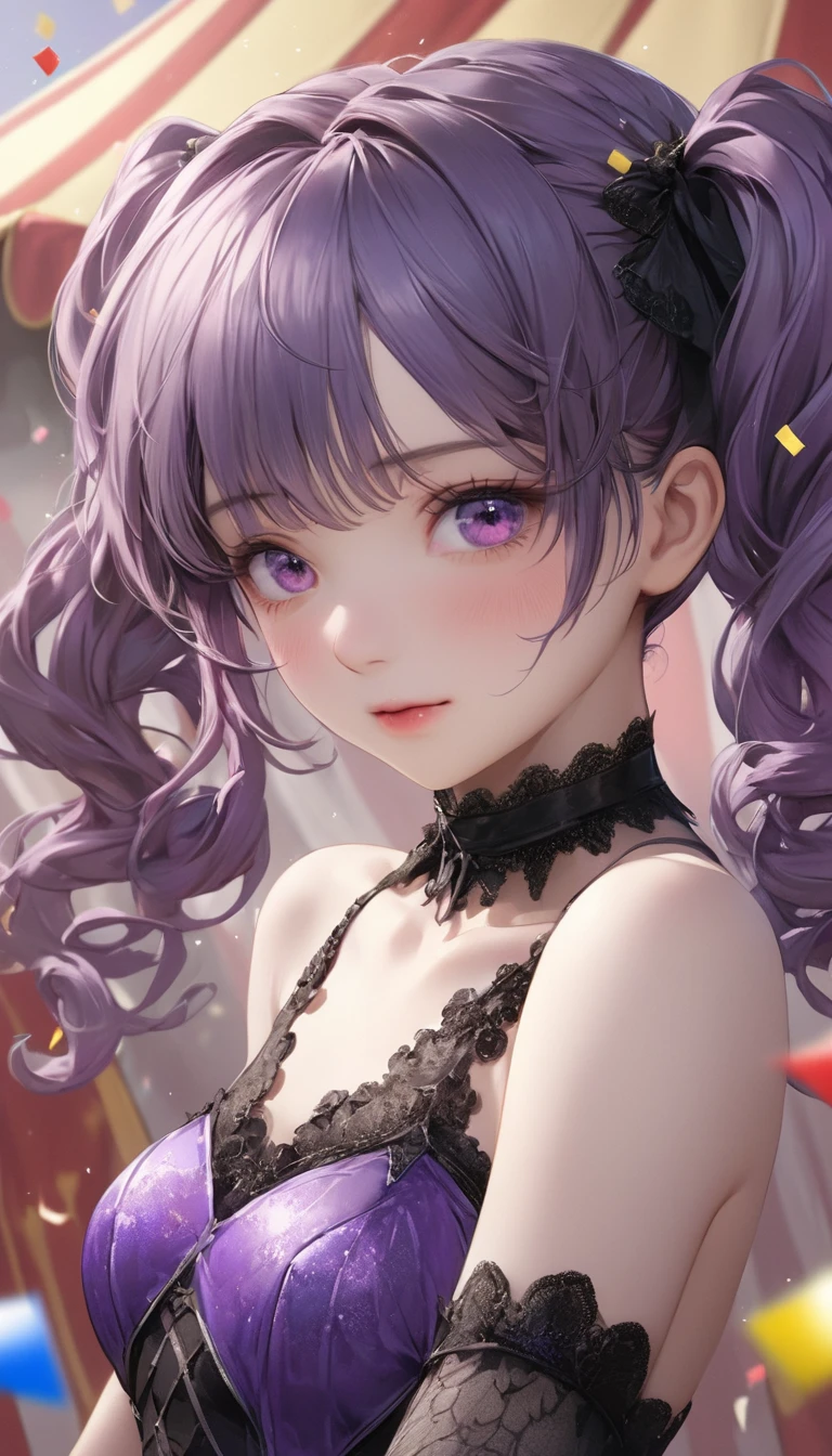 masterpiece,best quality,absurdres,looking at viewer,solo,keqing (opulent splendor) (genshin impact),official alternate costume,1girl,keqing (genshin impact),solo,purple hair,dress,long hair,looking at viewer,hair bun,twintails,breasts,bare shoulders,purple eyes,strapless,black dress,bangs,purple nails,strapless dress,cone hair bun,nail polish,ribbon,parted lips,double bun,upper body,diamond-shaped pupils,symbol-shaped pupils,cleavage,bow,black background,hair ribbon,diamond (shape),detached collar,hand up,hair ornament,<lora:keqing_lion_optimizer_dim64_loraModel_5e-3noise_token1_4-3-2023:1>,
