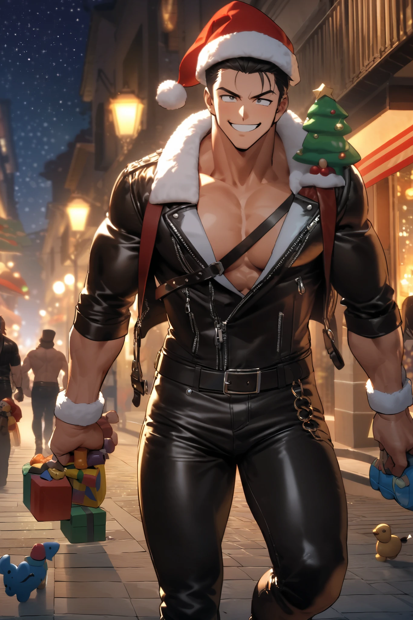 Bodybuilder like greaser biker wearing a Santa Claus hat form fitting leather jacket leather pants and biker boots gives a cocky smile as he has a back sling of his shoulders filled with toys walking down the warm Florida street on a starry night