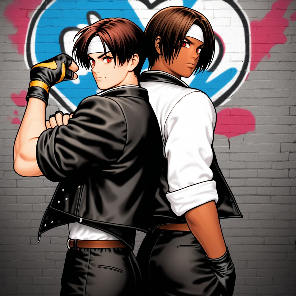 Couple, 2 people, dark hair, red eyes, viewer, parted in the middle, short hair, dark skin, same hair, clothes and skin color for both sex, ((black jacket with rolled up sleeves)), fingerless gloves, white t-shirt, (white headband)), black pants, white shoes, brown belt, pretty pose, portrait (back to back), full body view, background is a graffiti wall