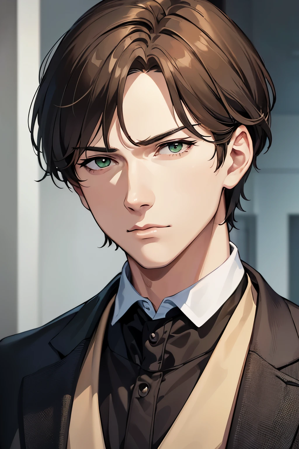 masterpiece, best quality, 1boy, brown hair, green eyes, short hair, side part, black suit, confident, sharp eyes, mature, masculine, fierce, angry face, serious face, realistic face, realistic eyes, closed up, upper body, looking at viewer, detailed eyes, detailed facial features, realistic and high resolution (best quality, 4k, 8k, highres, masterpiece:1.2)