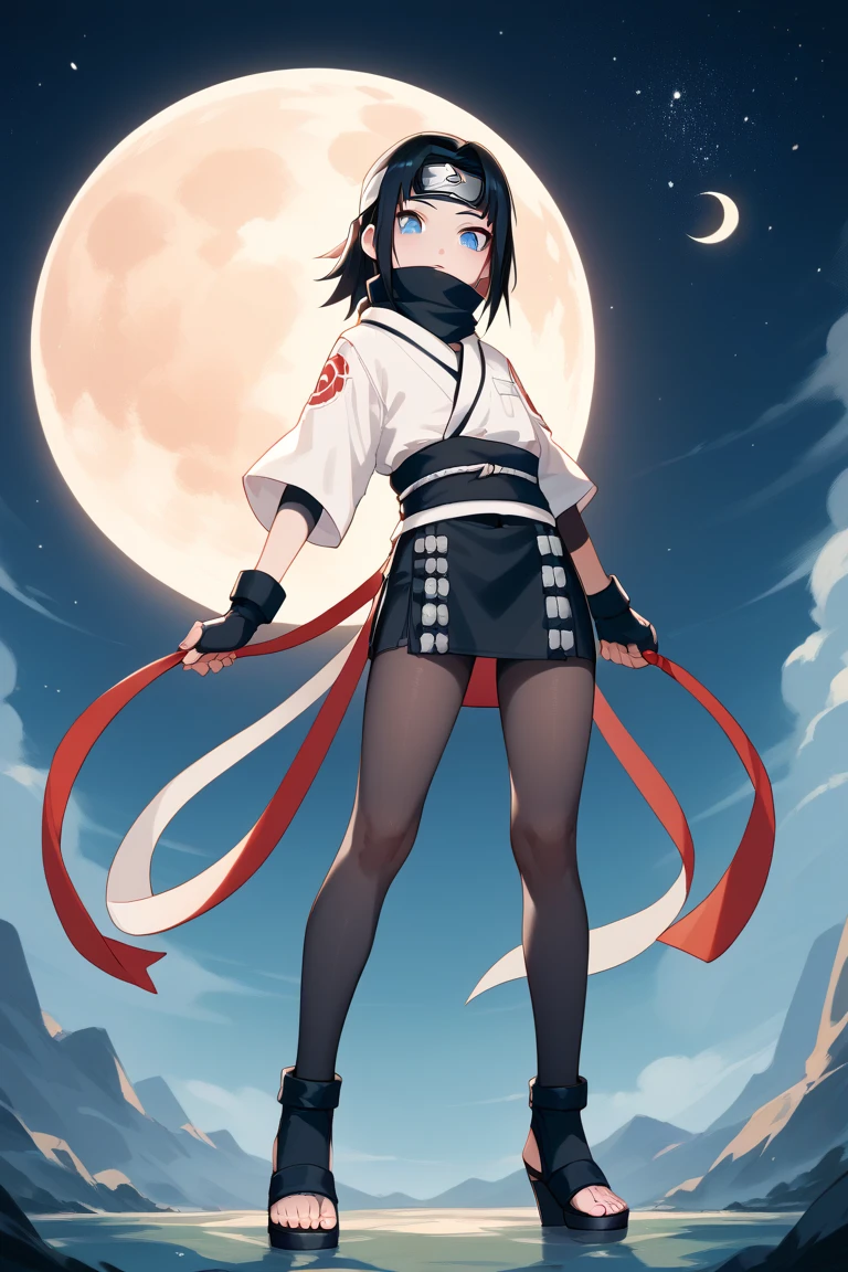 (anime,2d)29 year old girl, light skin, face of an adult , with blue eyes,  pupil in the shape of a star  ,  black hair , white wicks ,long,  on the forehead a waning moon ,  adult body,  long legs ,  small waist, ninja clothing ,  a neutral colored haori ,  a skirt attached to the body , underneath a short ,  black knee-length tights,  knee-length ninja sandals . 