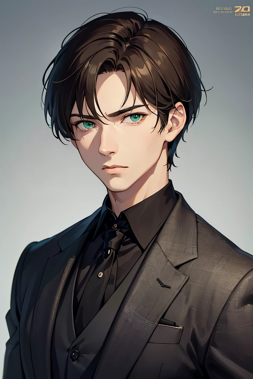 masterpiece, best quality, 1boy, brown hair, green eyes, short hair, side part, black suit, confident, sharp eyes, mature, masculine, fierce, mad face, realistic face, realistic eyes, closed up, upper body, looking at viewer, detailed eyes, detailed facial features, realistic and high resolution (best quality, 4k, 8k, highres, masterpiece:1.2)