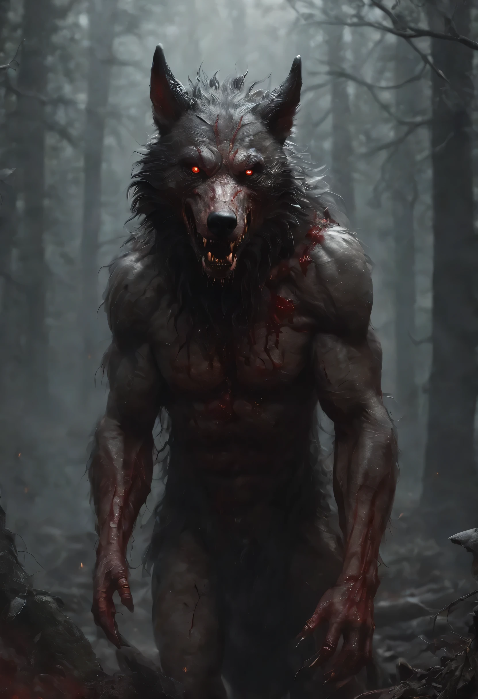 A painting of a truly undone wolf with a bloody face and a bloodied head and horns, Carnage, Sci - Horror Art of Fiction , Sci-Fi Horror Illustration , Inspirado but Alexi Briclot, Crocs de Carnage, Horror Fantasy Art , but Alexi Briclot, horror concept art , , Fantastic and Horror Art ., Detailed horror illustration 4K , demonic creature, dark fantasy horror art