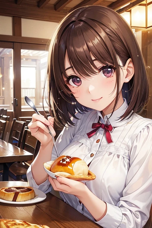 anegasaki nene、 shiny maroon hair,  short hair, ( brown pretty eyes 、 sparkling eyes , Fine grain)、smile、 super detailed eyes、 very detailed face,  very detailed eyes,cowboy shot、   1 girl,




   1 girl, top quality、   ((Table with breakfast、Breakfast))masterpiece  、High sensitivity、     High Definition    、   detailed description   、 A slender woman 