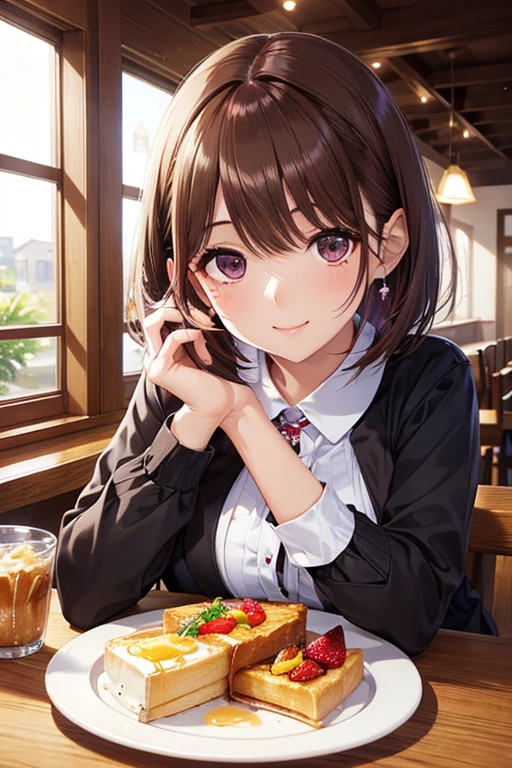 anegasaki nene、 shiny maroon hair,  short hair, ( brown pretty eyes 、 sparkling eyes , Fine grain)、smile、 super detailed eyes、 very detailed face,  very detailed eyes,cowboy shot、   1 girl,




   1 girl, top quality、   ((Table with breakfast、Breakfast))masterpiece  、High sensitivity、     High Definition    、   detailed description   、 A slender woman 