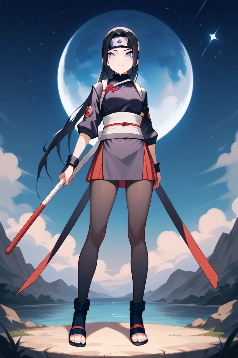 (anime)29 year old girl, light skin, face of an adult , with blue eyes,  pupil in the shape of a star  ,  black hair , white wicks ,long,  on the forehead a waning moon ,  adult body,  long legs ,  small waist, ninja clothing ,  a neutral colored haori ,  a skirt attached to the body , underneath a short ,  black knee-length tights,  knee-length ninja sandals . 