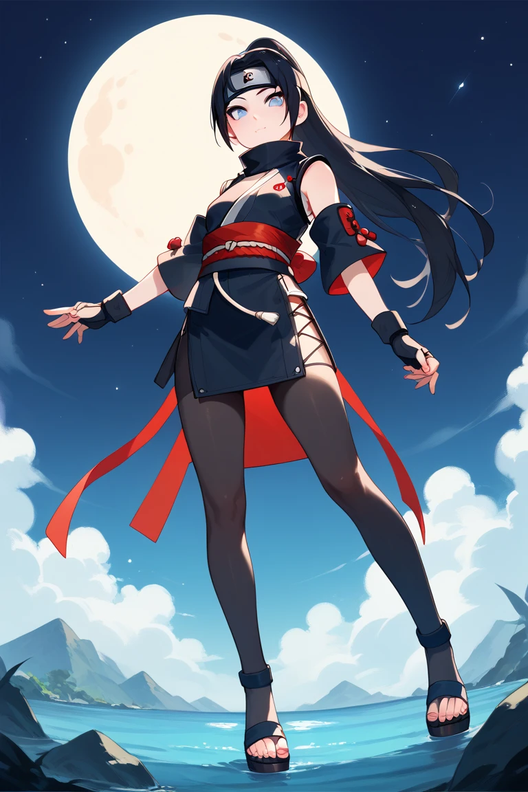 (anime)29 year old girl, light skin, face of an adult , with blue eyes,  pupil in the shape of a star  ,  black hair , white wicks ,long,  on the forehead a waning moon ,  adult body,  average breasts,  long legs ,  small waist, ninja clothing ,  a neutral colored haori ,  a skirt attached to the body , underneath a short ,  black knee-length tights,  knee-length ninja sandals . 