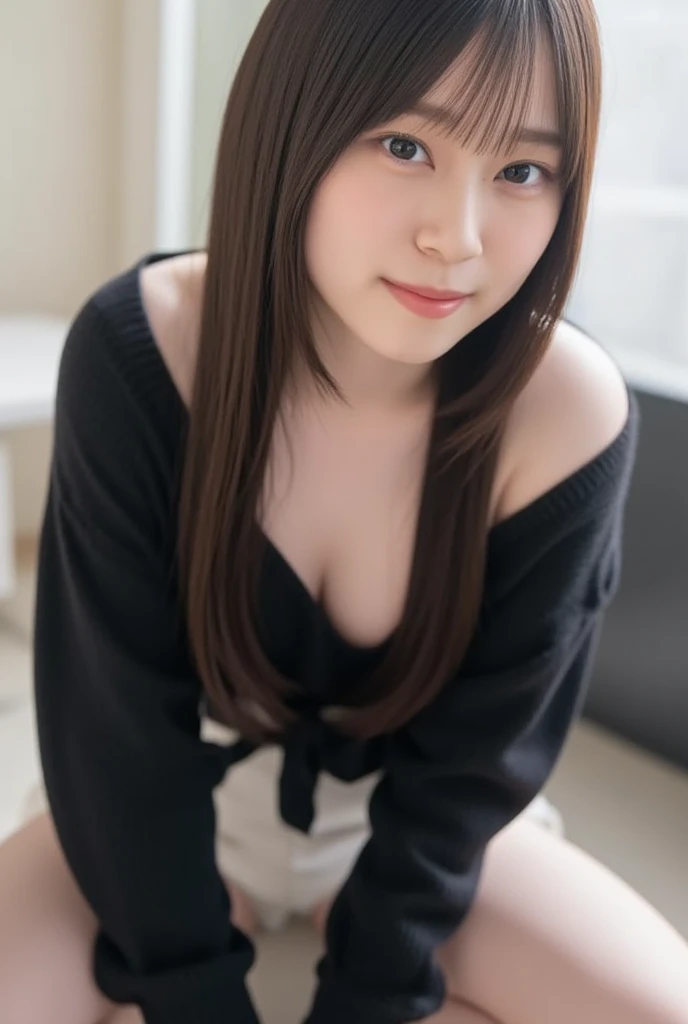 (((top-down configuration:1.4))), (best quality:1.4), (ultra highres:1.2), (photorealistic:1.4), (16k, RAW photo:1.2), (portrait shot:1.3), professional lighting, Japanese goddess, gravure, detailed face and skin texture, detailed eyes, looking at camera, nsfw, beautiful eyes, detailed eyes, beautiful face, detailed face, ((smile:1.3)), (highest quality), glowing skin, (smooth lighting:1.2), (cinema lighting:1.2), (brown long hair), (bangs:1.4), ((off shoulder:1.2)), (bare shoulder:1.2), ((emphasize cleavage:1.7)), (large breasts:1.4), ((tits to tits)), ((black sweater:1.3)), (bare thighs:1.4), (white thighs:1.1), sitting down, seiza, (leaning forward), (hands on knee), from slightly above