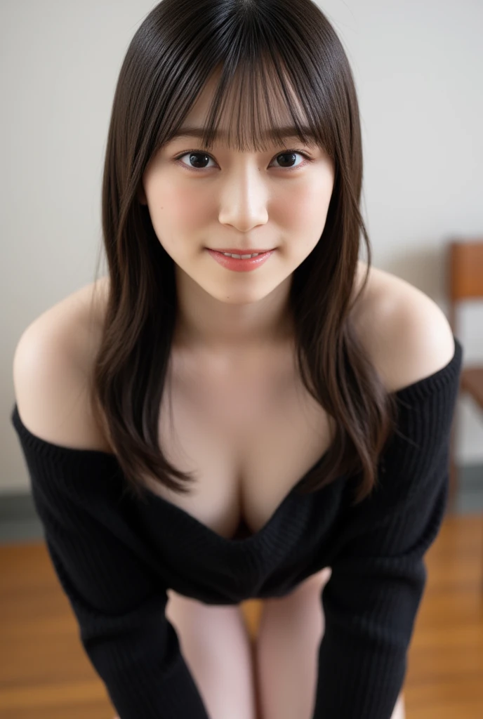 (((top-down configuration:1.4))), (best quality:1.4), (ultra highres:1.2), (photorealistic:1.4), (16k, RAW photo:1.2), (portrait shot:1.3), professional lighting, Japanese goddess, gravure, detailed face and skin texture, detailed eyes, looking at camera, nsfw, beautiful eyes, detailed eyes, beautiful face, detailed face, ((smile:1.3)), (highest quality), glowing skin, (smooth lighting:1.2), (cinema lighting:1.2), (brown long hair), (bangs:1.4), ((off shoulder:1.2)), (bare shoulder:1.2), ((emphasize cleavage:1.7)), (large breasts:1.4), ((tits to tits)), ((black sweater:1.3)), (bare thighs:1.4), (white thighs:1.1), sitting down, seiza, (leaning forward), (hands on knee), from slightly above