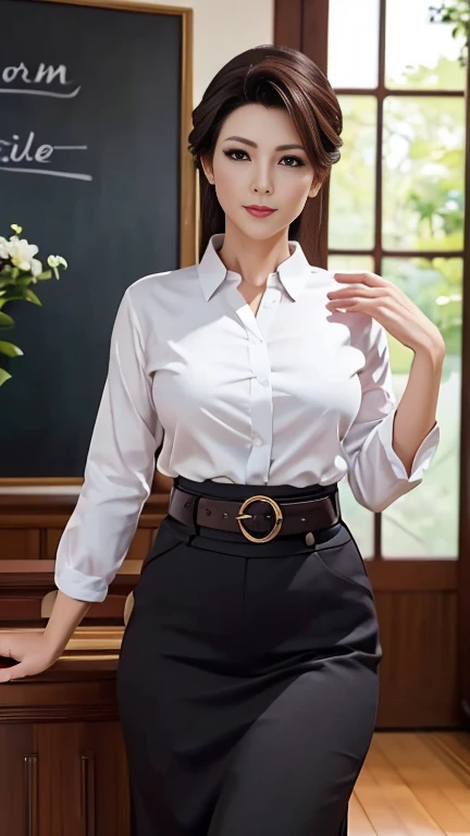 (a masterpiece portrait of a woman with ultra detailed features, in 8K resolution, with crisp quality and vibrant colors)、(from front、 face forward:1.4)、Beautiful housewife、50 year old mature woman in a casual blouse　break　 black long skirt with belt standing in front of a blackboard、 slender figure、 living room at home、 full body photo、perfect hand、Perfect legs、 anatomically correct hand、Dark brown hair、 Elegant Long Hair 、