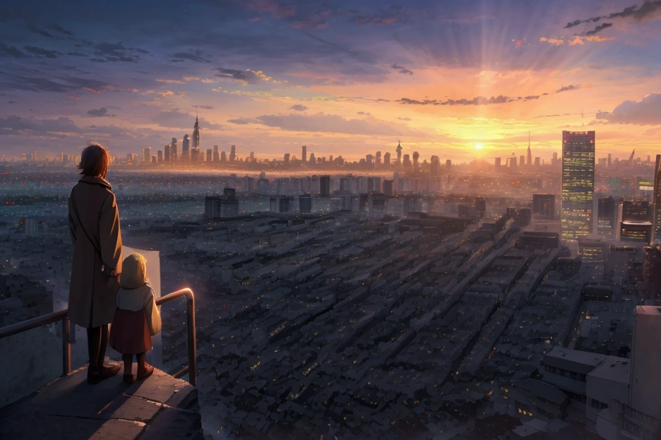  The image depicts a breathtaking sunset over a bustling cityscape, gazing at the scene. The vibrant colors and dramatic lighting create a sense of awe and wonder,
Elements and Details:
 * Cityscape: In the foreground, a sprawling city skyline is visible, with towering skyscrapers and intricate details of buildings and streets. The city appears to be Tokyo, with recognizable landmarks such as the Tokyo Tower and Mount Fuji in the distance.
 * Sunset: The sky is ablaze with a fiery orange and red sunset, casting long shadows across the city. The sun's rays pierce through the clouds, illuminating the scene with a golden glow.
 * Atmosphere: The overall atmosphere is one of tranquility and contemplation. The warm colors and soft lighting create a peaceful and serene mood, while the solitary figure invites viewers to reflect on the vastness of the world and the fleeting nature of time.
Possible Interpretations:
 * The image could represent the feeling of being overwhelmed by the vastness of the world and the desire to find one's place in it. The lone figure gazing at the city could symbolize an individual seeking meaning and purpose in life.
 * It could also represent the contrast between the hustle and bustle of city life and the tranquility of nature. The peaceful sunset and the solitary figure on the hilltop offer a respite from the chaos of the city.
 * The image could also evoke a sense of nostalgia or longing for a simpler time. The warm colors and nostalgic atmosphere might evoke memories of the past or a longing for a place where one feels more at peace