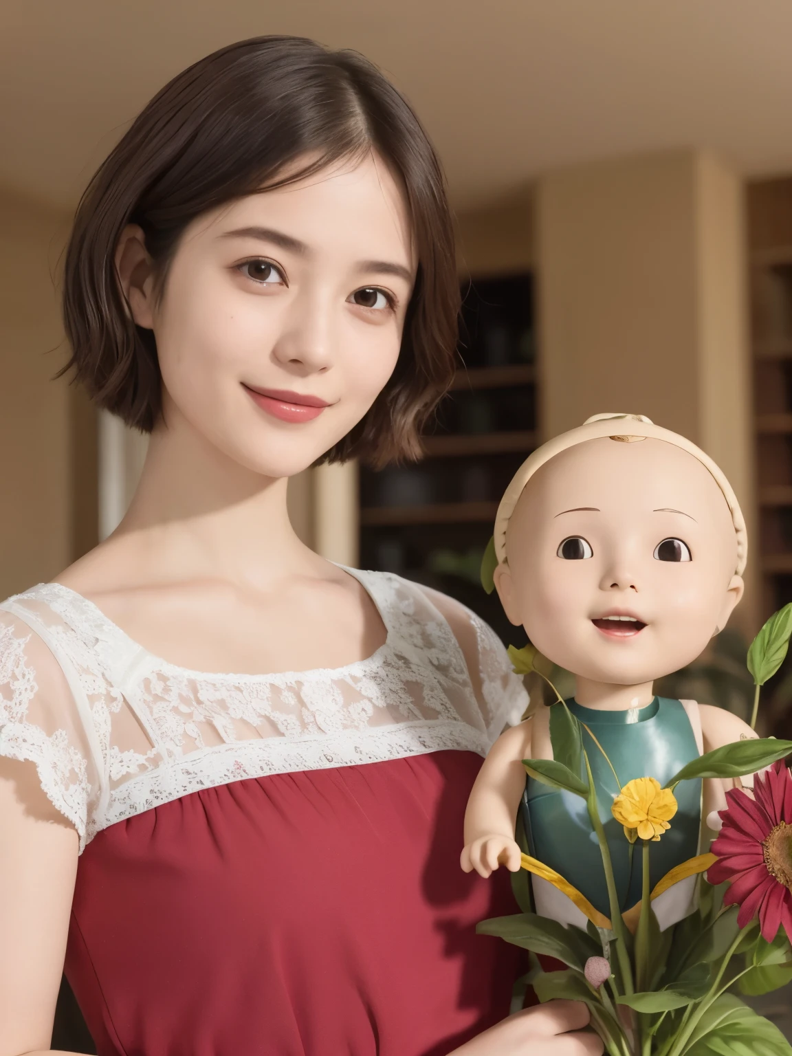 340 (20-year-old female, short hair), ( high image quality), (smile), ( Colorful Dress ), (( Arietti's World )), (Big Plants/Flowers ), (Dollhouse), ( Leonardo da Vinci)