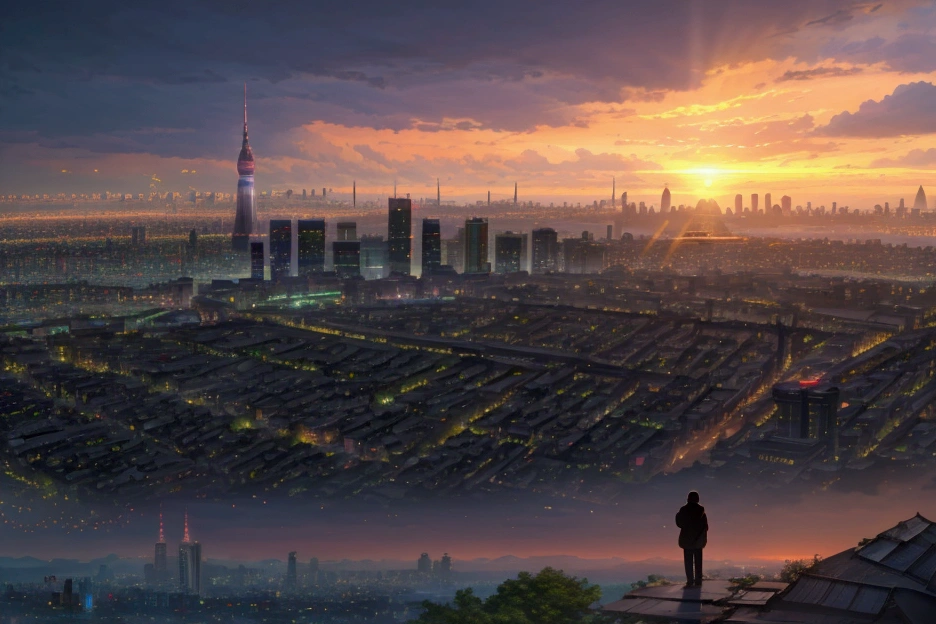  The image depicts a breathtaking sunset over a bustling cityscape, gazing at the scene. The vibrant colors and dramatic lighting create a sense of awe and wonder,
Elements and Details:
 * Cityscape: In the foreground, a sprawling city skyline is visible, with towering skyscrapers and intricate details of buildings and streets. The city appears to be Tokyo, with recognizable landmarks such as the Tokyo Tower and Mount Fuji in the distance.
 * Sunset: The sky is ablaze with a fiery orange and red sunset, casting long shadows across the city. The sun's rays pierce through the clouds, illuminating the scene with a golden glow.
 * Atmosphere: The overall atmosphere is one of tranquility and contemplation. The warm colors and soft lighting create a peaceful and serene mood, while the solitary figure invites viewers to reflect on the vastness of the world and the fleeting nature of time.
Possible Interpretations:
 * The image could represent the feeling of being overwhelmed by the vastness of the world and the desire to find one's place in it. The lone figure gazing at the city could symbolize an individual seeking meaning and purpose in life.
 * It could also represent the contrast between the hustle and bustle of city life and the tranquility of nature. The peaceful sunset and the solitary figure on the hilltop offer a respite from the chaos of the city.
 * The image could also evoke a sense of nostalgia or longing for a simpler time. The warm colors and nostalgic atmosphere might evoke memories of the past or a longing for a place where one feels more at peace