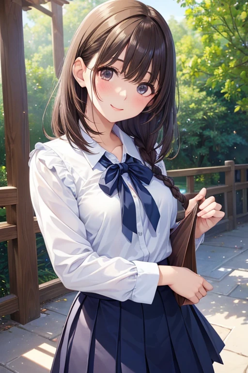 anegasaki nene、 shiny maroon hair,  shortヘア, ( brown pretty eyes 、 sparkling eyes , Fine grain)、smile、 super detailed eyes、 very detailed face,  very detailed eyes,cowboy shot、   1 girl,nsfw，




(   Superb Masterpiece Wearing a White Cutter Shirt and a Pleated Dark Blue Skirt ， top quality、 top quality、  beautiful beautiful :1.2)、（Watercolor 1.5）、from below，Tilt up、   Wide blue sky   、  pictures of very young girls、Hair is braided、   short，Round and beautiful eyes、  美しいsmile、   French casual   