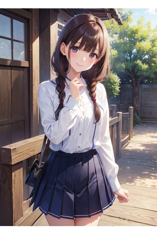 anegasaki nene、 shiny maroon hair,  shortヘア, ( brown pretty eyes 、 sparkling eyes , Fine grain)、smile、 super detailed eyes、 very detailed face,  very detailed eyes,cowboy shot、   1 girl,nsfw，




(   Superb Masterpiece Wearing a White Cutter Shirt and a Pleated Dark Blue Skirt ， top quality、 top quality、  beautiful beautiful :1.2)、（Watercolor 1.5）、from below，Tilt up、   Wide blue sky   、  pictures of very young girls、Hair is braided、   short，Round and beautiful eyes、  美しいsmile、   French casual   