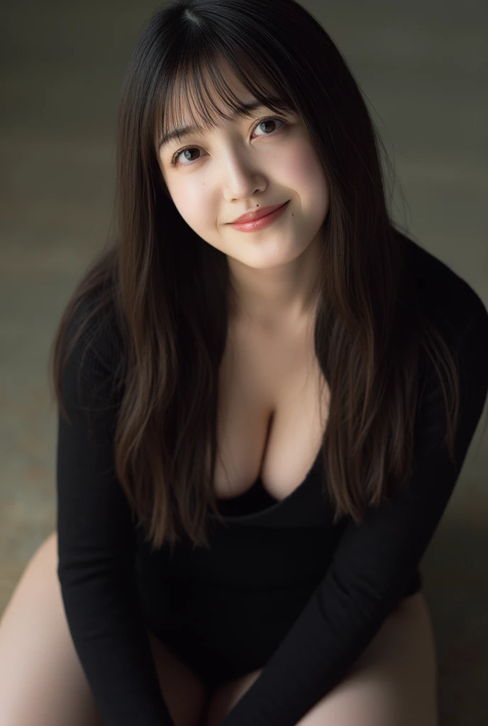 (((top-down configuration:1.4))), (best quality:1.4), (ultra highres:1.2), (photorealistic:1.4), (16k, RAW photo:1.2), (portrait shot:1.3), professional lighting, Japanese goddess, gravure, detailed face and skin texture, detailed eyes, looking at camera, nsfw, beautiful eyes, detailed eyes, beautiful face, detailed face, ((smile:1.3)), (highest quality), glowing skin, (smooth lighting:1.2), (cinema lighting:1.2), (brown long hair), (bangs:1.4), ((off shoulder:1.2)), (bare shoulder:1.2), ((emphasize cleavage:1.7)), (large breasts:1.4), ((tits to tits)), ((black sweater:1.3)), (bare thighs:1.4), (white thighs:1.1), sitting down, seiza, (leaning forward), (hands on knee), from slightly above