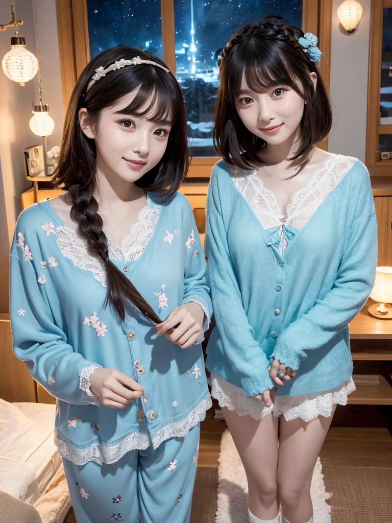   trending at cgstation , Ulzzang,  Gouvais-inspired artwork, With a cute face,  beautiful. beautiful顔.Two Women .Nightsky.starry.moom (8k) Inside hoom room . winter . Line-up group .braid .(( Detailed lace pattern))pajama.  Standing.  Headband. Illumination. Short Bobhair. Socks. Happiness. selfee