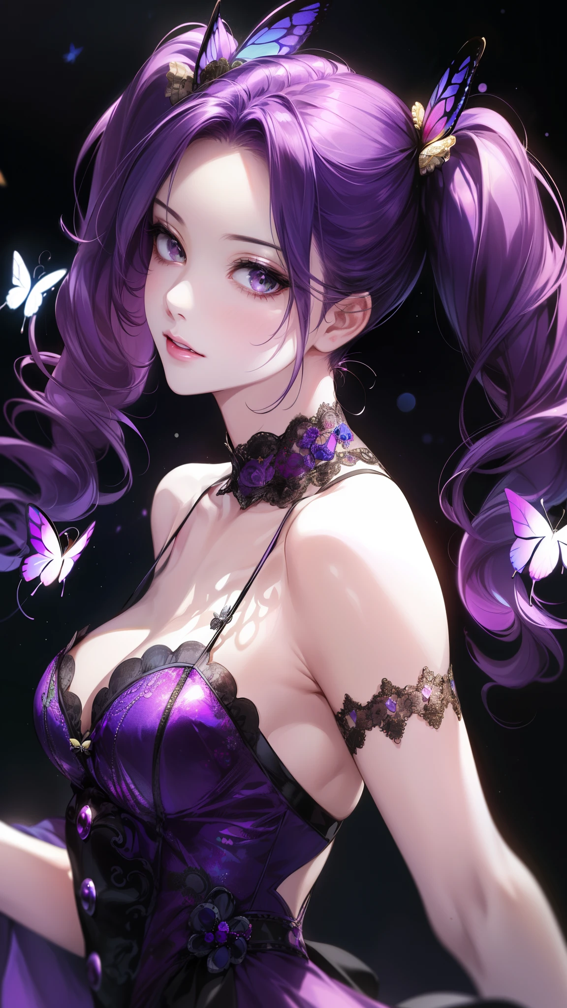 Face close-up、1 girl, Blunt bangs, Wide sleeves, hair ornaments,Red and navy lace、(Purple Hair:1.2), Very long hair, Straight hair, Looking at the audience, Highly detailed background, (Realistic:1.2), Beautiful Eyes, Red eyeshadow, Written boundary depth,thigh, (Ulzzang-6500:0.7), Upper Body, (alone:1.2), Cleavage, Shiny skin、Hair blowing in the wind、Four fingers, One thumb、Rose、Floral pattern on clothes、drink alcohol、Please put your hands on your hips、Face close-up、close、Stick your butt out、Laugh gently、