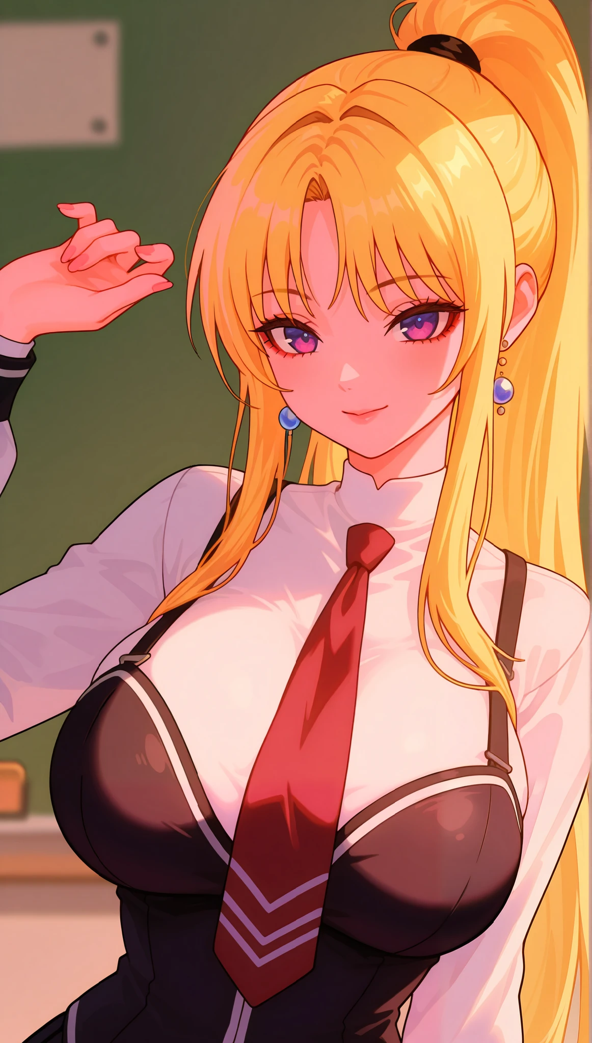 (masterpiece), (portrait), big breasts (aesthetics), ((1 female 21 years old)), Highlight earrings), ((long hair)), ((Hot crystal blonde hair, high ponytail)), ((Kaori Saeki)) straight hair, thin eyes open, cold look, purple eyes, cute, naughty, lane, woman, feminine, beautiful, female features, top, high quality, aesthetic clothing, professional angle, (rule of thirds), (feminine), , (beautiful) , (female), solo, (Korean attractive), summer, (ink haze), (afternoon), (vibrant light), seductive posture, ((face looking forward))), Kaori Saeki, school uniform, white blouse with long sleeves, turtleneck, black vest with straps over it, red pleated skirt, red tie, mischievous smile, sensual ((Energy)), (Bold Makeup), (big Breasts), Fair Skin, (Clothes with Hip Hop Details), (a hot Kaori Saeki, sculptural body, sexy pose), (Sleep Neckline), Beautiful Hands, Body beautiful, beautiful ears, beautiful eyes, bright eyes, beautiful mouth, beautiful lips, class, school, board, tilts body