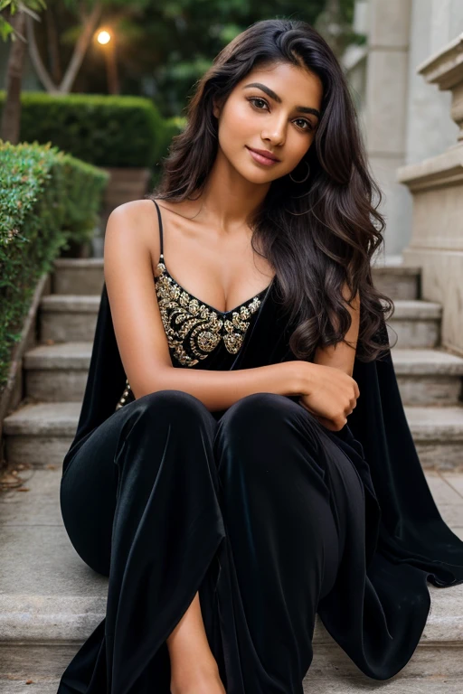 A cute 20 years old indian girl photoshoot , model pose , rough dry face skin , sexy and hot , indian dress black saree , full body view , white wall background with green plants