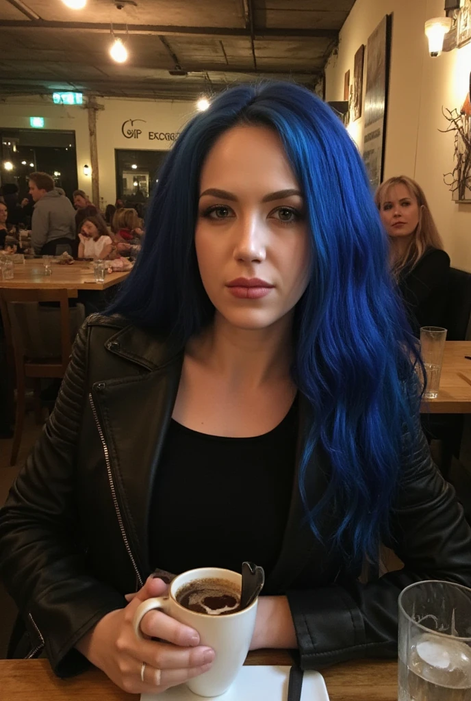 Hyper realistic photo of a cute, 32 years old white female, blue waive long hair, short woman, slim body, slim 

breast, slender breast, Kodak Gold 400 film style dsl full frame raw, black leather jacket with a black top 

inside, necklace, black jeans, sutil makeup, cinematic photo, solo, looking at viewer, shy, flirting, a 

stunning intricate full color portrait of a woman sitting in a cafe with a coffe, in a romantic date, The 

viewer sees her from thee other side of table, epic character composition, by ilya kuvshinov, alessio albi, 

nina masic, sharp focus, 35mm, film grain, 35mm photograph, film, bokeh, professional, 4k, highly detailed, 

masterpiece, best quality, ultra-detailed, contrast, analog style (skin texture) (film grain:1.2), (warm hue, 

warm tone) :1.1), cinematic light, sidelighting, ultra high res, RAW photo.