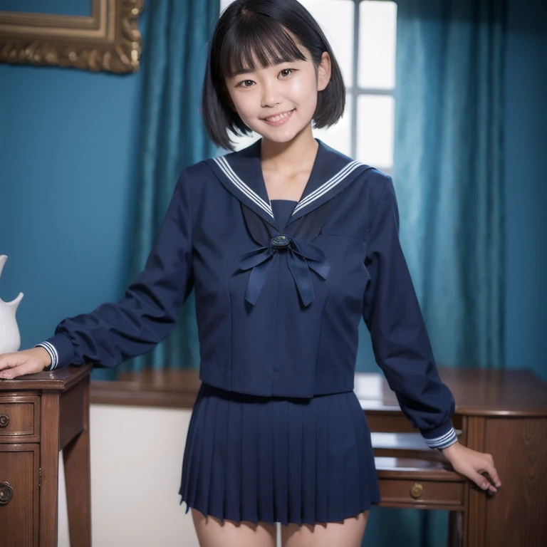 (masterpiece,  top quality :1.2),  One Girl , Alone,  sailor suit,  dark blue ,  Long Sleeve ,smile