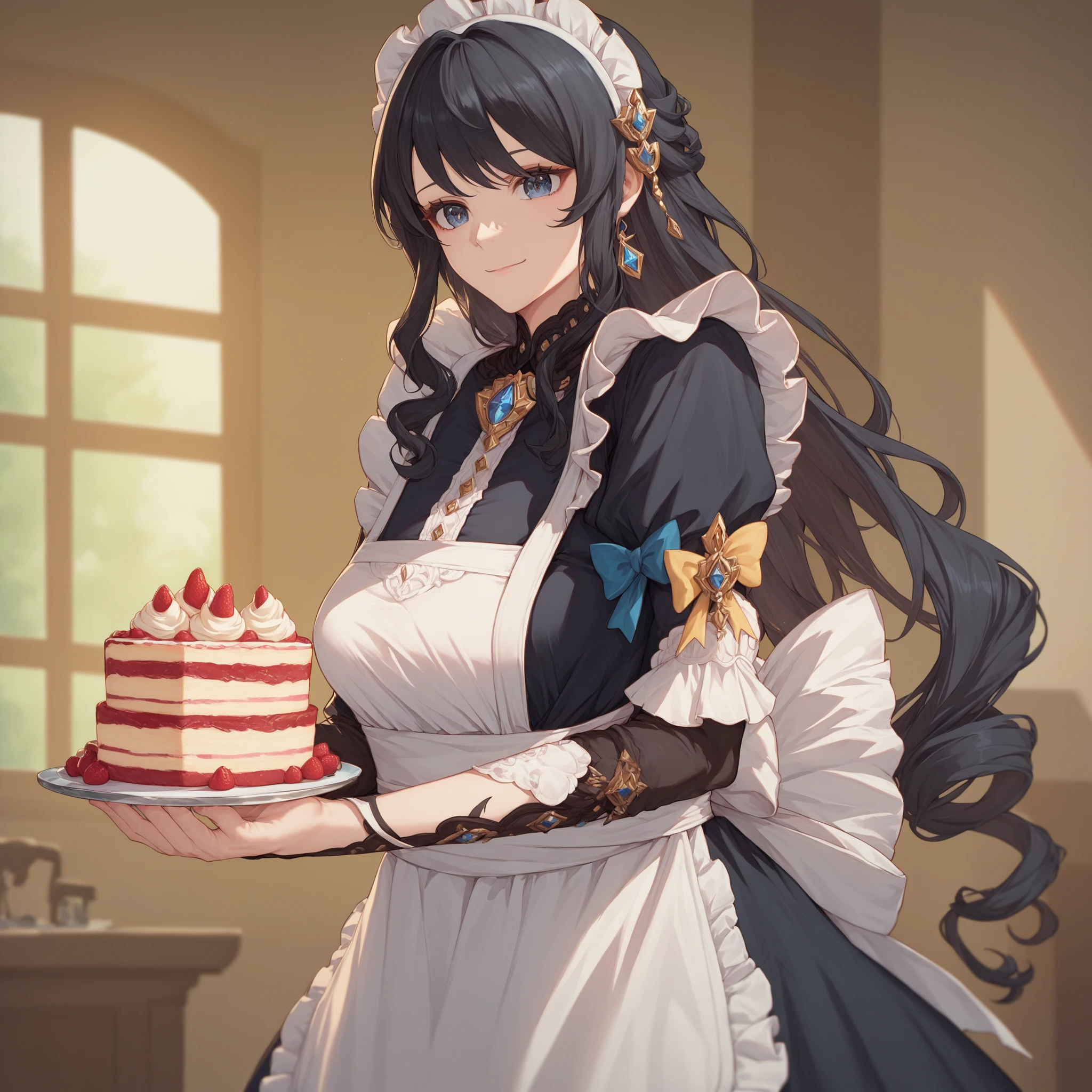 score_9, score_8_up, score_7_up, source_anime ginavia,female, black hair, black eyes, maid, maid headdress, maid apron, holding cake, light smile,