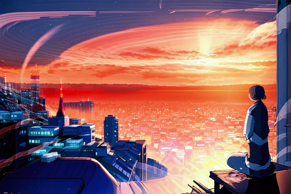  The image depicts a breathtaking sunset over a bustling cityscape, gazing at the scene. The vibrant colors and dramatic lighting create a sense of awe and wonder,
Elements and Details:
 * Cityscape: In the foreground, a sprawling city skyline is visible, with towering skyscrapers and intricate details of buildings and streets. The city appears to be Tokyo, with recognizable landmarks such as the Tokyo Tower and Mount Fuji in the distance.
 * Sunset: The sky is ablaze with a fiery orange and red sunset, casting long shadows across the city. The sun's rays pierce through the clouds, illuminating the scene with a golden glow.
 * Atmosphere: The overall atmosphere is one of tranquility and contemplation. The warm colors and soft lighting create a peaceful and serene mood, while the solitary figure invites viewers to reflect on the vastness of the world and the fleeting nature of time.
Possible Interpretations:
 * The image could represent the feeling of being overwhelmed by the vastness of the world and the desire to find one's place in it. The lone figure gazing at the city could symbolize an individual seeking meaning and purpose in life.
 * It could also represent the contrast between the hustle and bustle of city life and the tranquility of nature. The peaceful sunset and the solitary figure on the hilltop offer a respite from the chaos of the city.
 * The image could also evoke a sense of nostalgia or longing for a simpler time. The warm colors and nostalgic atmosphere might evoke memories of the past or a longing for a place where one feels more at peace