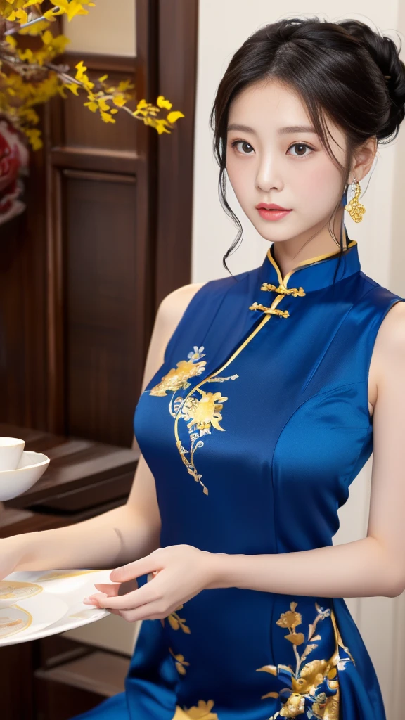  close-up photo of a woman in a blue dress holding a plate, She wore a blue cheongsam.,  hologram china dress incorporating dark blue clothes with golden woven patterns ,  China Dress, 青い China Dressを着て, Chinese style, chinese dress, Traditional Chinese  clothing,  Gorgeous Chinese Model ,  in , Traditional Chinese ,  を取り入れたホログラム China Dress ,  Chinese girl , Chinese women, Chinese Costume