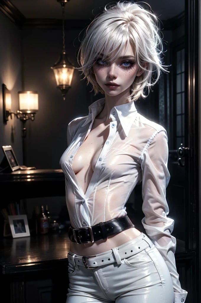 masterpiece, best quality, official art, extremely detailed CG unity 8k wallpaper, highly detailed, absurdres, exquisite facial features, Crimson eyes, (sharp eyeliner, eyeshadow, detailed eyes:1.1), Perfect fingers, perfect face, Small breasts, [White fox ears, Short hair, Blondish White hair], Perfect skin, shiny skin, female, solo, light smile, Posing, [white crop top, black denim jeans, black V shaped panties], In a room with sunlight shining through 