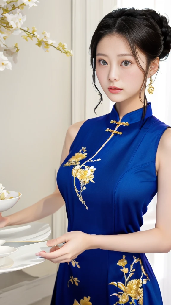  close-up photo of a woman in a blue dress holding a plate, She wore a blue cheongsam.,  hologram china dress incorporating dark blue clothes with golden woven patterns ,  China Dress, 青い China Dressを着て, Chinese style, chinese dress, Traditional Chinese  clothing,  Gorgeous Chinese Model ,  in , Traditional Chinese ,  を取り入れたホログラム China Dress ,  Chinese girl , Chinese women, Chinese Costume