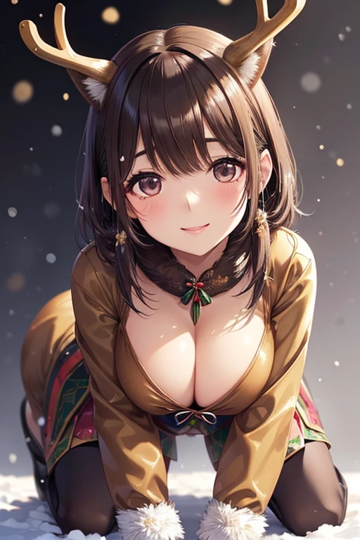 anegasaki nene、 shiny maroon hair,  short hair, ( brown pretty eyes 、 sparkling eyes , Fine grain)、smile、 super detailed な目、 very detailed face,  very detailed eyes,cowboy shot、   1 girl,nsfw，




( warm fur long sleeve reindeer costume : 1.5), (snow & Winter Background : 1.5), ( I had a reindeer horn  : 1.2), (  stand on all fours : 1.3),   young and adorable Japanese face  ,  ((  top quality )), (  super detailed ), smile, ((  sexy)), ((  very detailed )), ( Detailed Clothing Characteristics), ( beautiful),  illustration,  beautiful Japanese woman, (( 1 Woman )), (Bold Cleavage : 1.3)