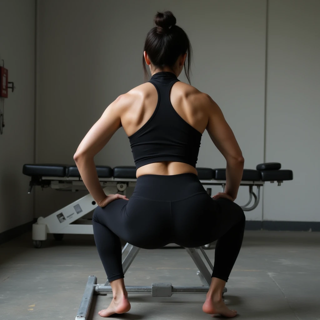 extreme close-up from directly behind and below an athletic thin muscular asian woman in black dress-pants and open-back turtleneck squats to floor while leaning forward with both hands on metal surgical table directly in front of her.  Her back muscles and gluteus muscles defined.  In a cement room. 