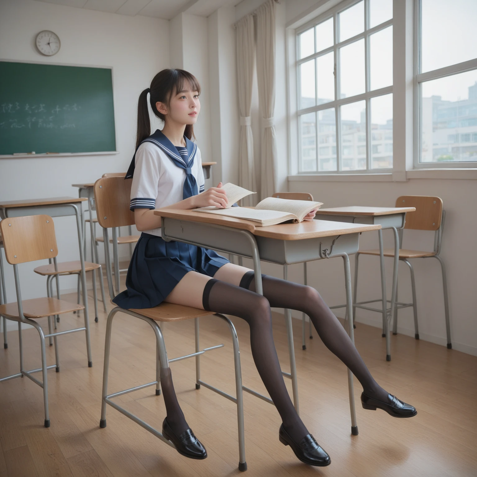  sailor suit,***************************, cute girl,masterpiece,4K,8k,16k, black stockings, sit on classroom chairs