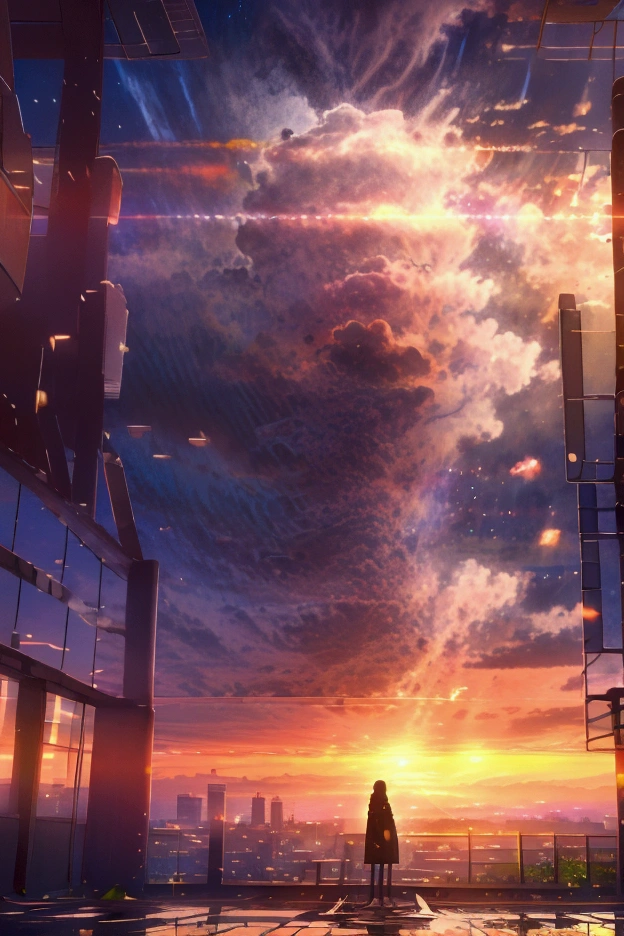  The image depicts a breathtaking sunset over a bustling cityscape, gazing at the scene. The vibrant colors and dramatic lighting create a sense of awe and wonder,
Elements and Details:
 * Cityscape: In the foreground, a sprawling city skyline is visible, with towering skyscrapers and intricate details of buildings and streets. The city appears to be Tokyo, with recognizable landmarks such as the Tokyo Tower and Mount Fuji in the distance.
 * Sunset: The sky is ablaze with a fiery orange and red sunset, casting long shadows across the city. The sun's rays pierce through the clouds, illuminating the scene with a golden glow.
 * Atmosphere: The overall atmosphere is one of tranquility and contemplation. The warm colors and soft lighting create a peaceful and serene mood, while the solitary figure invites viewers to reflect on the vastness of the world and the fleeting nature of time.
Possible Interpretations:
 * The image could represent the feeling of being overwhelmed by the vastness of the world and the desire to find one's place in it. The lone figure gazing at the city could symbolize an individual seeking meaning and purpose in life.
 * It could also represent the contrast between the hustle and bustle of city life and the tranquility of nature. The peaceful sunset and the solitary figure on the hilltop offer a respite from the chaos of the city.
 * The image could also evoke a sense of nostalgia or longing for a simpler time. The warm colors and nostalgic atmosphere might evoke memories of the past or a longing for a place where one feels more at peace