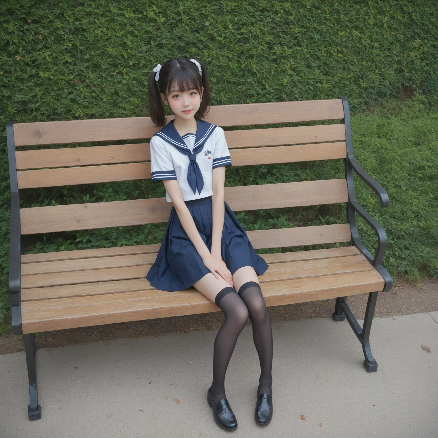  sailor suit,***************************, cute girl,masterpiece,4K,8k,16k, black stockings, sit on a park bench