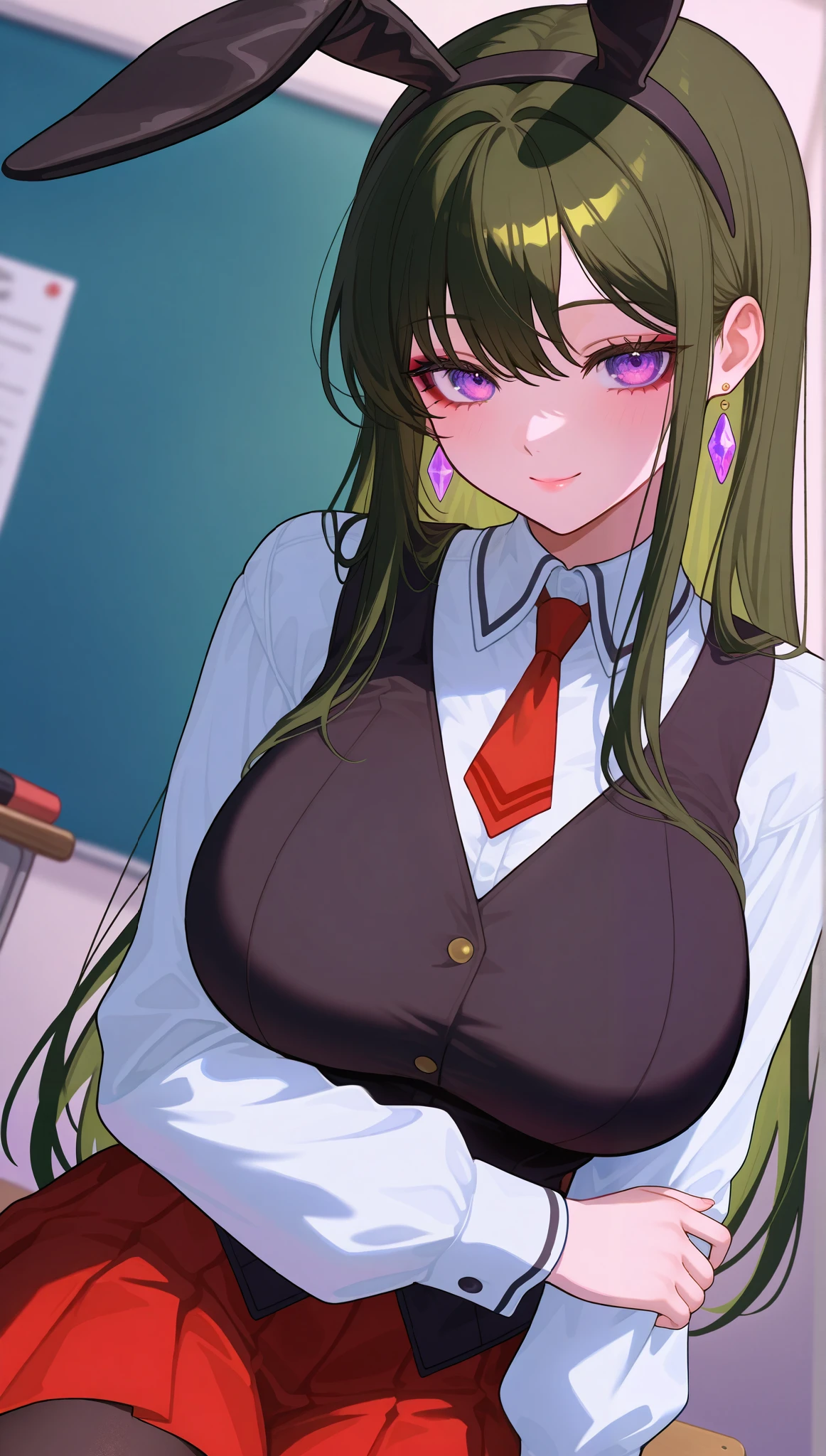 (masterpiece), (portrait), big breasts (aesthetics), ((1 female 21 years old)), Highlight earrings), ((long hair)), ((Hot crystal dark green hair, bunny black ear headband, naughty)), ((Mika Ito)) straight hair, thin eyes open, cold look, purple eyes, cute, naughty, lane, woman, feminine, beautiful, female features, top, high quality, aesthetic clothing, professional angle, (rule of thirds), (feminine), , (beautiful) , (female), solo, (Korean attractive), summer, (ink haze), (afternoon), (vibrant light), seductive posture, ((face looking forward))), Mika Ito, school uniform, white blouse with long sleeves, turtleneck, black vest with straps over it, red pleated skirt, red tie, black tights, mischievous smile, sensual ((Energy)), (Bold Makeup), (big Breasts), Fair Skin, (Clothes with Hip Hop Details), (a hot Mika Ito, sculptural body, sexy pose), (Sleep Neckline), Beautiful Hands, Body beautiful, beautiful ears, beautiful eyes, bright eyes, beautiful mouth, beautiful lips, classroom, sitting in the corner