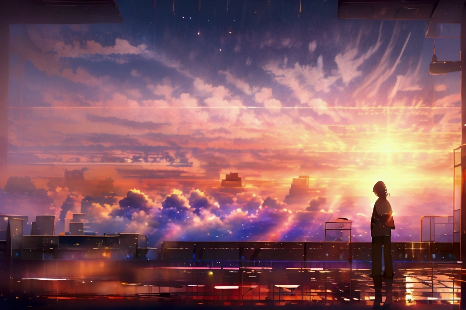  The image depicts a breathtaking sunset over a bustling cityscape, gazing at the scene. The vibrant colors and dramatic lighting create a sense of awe and wonder,
Elements and Details:
 * Cityscape: In the foreground, a sprawling city skyline is visible, with towering skyscrapers and intricate details of buildings and streets. The city appears to be Tokyo, with recognizable landmarks such as the Tokyo Tower and Mount Fuji in the distance.
 * Sunset: The sky is ablaze with a fiery orange and red sunset, casting long shadows across the city. The sun's rays pierce through the clouds, illuminating the scene with a golden glow.
 * Atmosphere: The overall atmosphere is one of tranquility and contemplation. The warm colors and soft lighting create a peaceful and serene mood, while the solitary figure invites viewers to reflect on the vastness of the world and the fleeting nature of time.
Possible Interpretations:
 * The image could represent the feeling of being overwhelmed by the vastness of the world and the desire to find one's place in it. The lone figure gazing at the city could symbolize an individual seeking meaning and purpose in life.
 * It could also represent the contrast between the hustle and bustle of city life and the tranquility of nature. The peaceful sunset and the solitary figure on the hilltop offer a respite from the chaos of the city.
 * The image could also evoke a sense of nostalgia or longing for a simpler time. The warm colors and nostalgic atmosphere might evoke memories of the past or a longing for a place where one feels more at peace