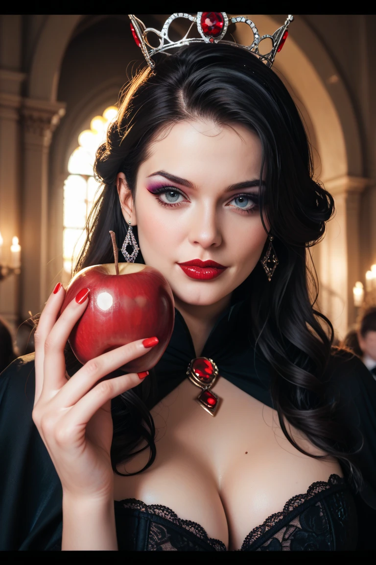 ((RAW Photo), absurd, (absurdresolution)), masterpiece, best quality, (Extremely detailed 8k unity CG wallpaper), (best illustration), (best shadow), Realistic lighting, beautiful detailed glow, ((21 years old)), girl, long black hair, black queen, accessories, apple in hand, poisoned apples, witch queen, red lipstick, (((Photographic Perspective of her)))