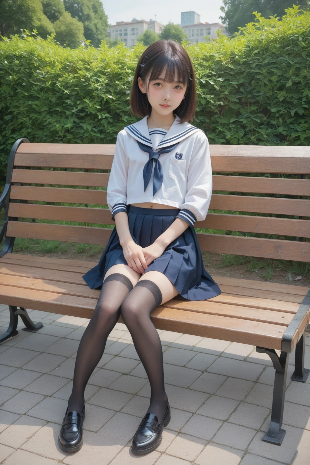  sailor suit,***************************, cute girl,masterpiece,4K,8k,16k, black stockings, sit on a park bench, is short