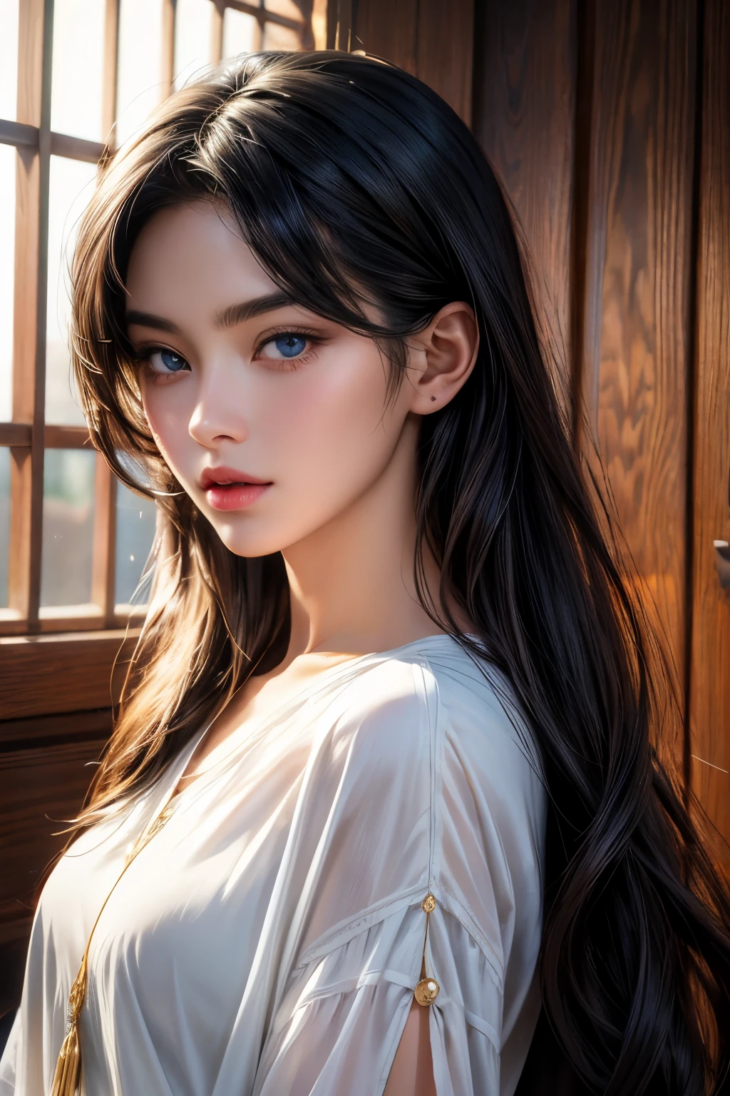 full body masterpiece, ultra realistic, 16k, high quality, incredibly detailed, dream aesthetic, dream atmosphere, cinematic, (sharp focus : 1.5), (photorealistic : 1.3), gothic (Gorgeous gothic girl), female beauty, defined jaw, square face, wonderful gothic girl (enchanting seductress), cinematic, detailed, 16k sharp focus, realistic. wonderful. Seductive (evil). black hair (realistic texture), highlighted, silky and shiny hair, detailed hair (realistic), (natural). wonderful detailed face (enchanting seductress). blushed cheekbones (rosy cheeks), tanned skin, (white skin) alabaster skin that seems to glow ethereally. Her attire is gothic. Voluptuous shape. turquoise blue eyes (evil eyes look). a symmetrical face ::2 gothic clothes + ArtStation Trends + fantasy art + realistic cloth + fractals in the background, loose hair --aspect 9:21 – enhance your unearthly beauty. realistic skin texture, pale white skin illuminated. realistic perfect shading. absurd, realistic textures. alone, alone, 1 girl. Looking at the viewer. muscular female body, hot body, toned body, defined muscles. big natural breasts, cleavage. pantyhose, gothic (black) dress (realistic texture). In different positions at different angles. Bedroom background. incredibly real, best quality, photorealistic.