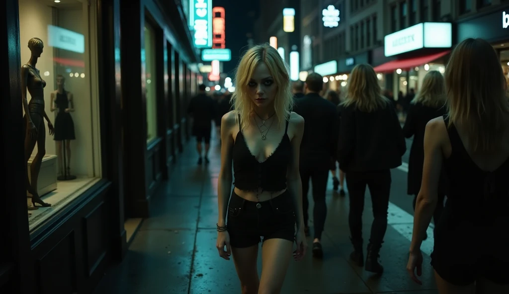 Night, realistic, photography showing a frail, drug-addicted young blonde woman resembling Emma Stone, with a large interpupillary distance. She has smokey eyes and wears black shorts with flat black shoes, her thin and fragile body moving unsteadily like a drug addict. Seen from the front, she walks down a bustling New York City pedestrian walkway at night, illuminated by vibrant neon signs glowing above. The lights reflect off the wet pavement, creating a moody, urban atmosphere. As she passes a shop window, her attention momentarily shifts to the glass, where she catches a fleeting reflection of a shadowy figure that appears to have wings, haunting and surreal. Pedestrians, their faces blurred and indifferent, part slightly to avoid her, amplifying her isolation amidst the crowd