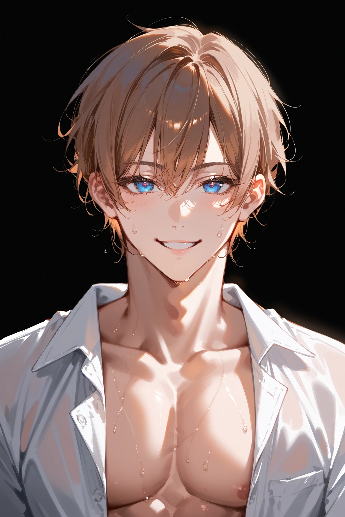 ( masterpiece,  High resolution,  super detailed : 1.0), ( a man, Adult male, 27 years old, smooth and attractive face ), very high,  just the right amount of muscles ,  detailed face, ( blond brown hair ,  short hair,  fringe in the middle ), ( blue eyes, Drooping eyes,  long eyelashes are not attractive), ( wear white half-open shirt ,  black and gray cotton pants,  Show some skin ), (sweat,  playful and seductive smile : 1.3), (light black background, head on,  Looking at the audience ), (super quality: 1.0)