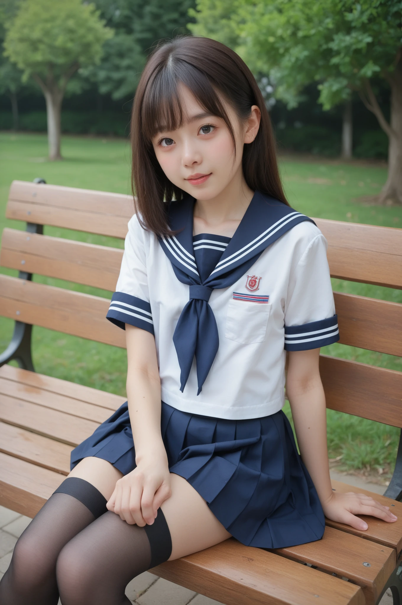   sailor suit ,Junior high school students, cute girl,masterpiece,4K,8k,16k,  black stockings,  sit on a park bench , is short