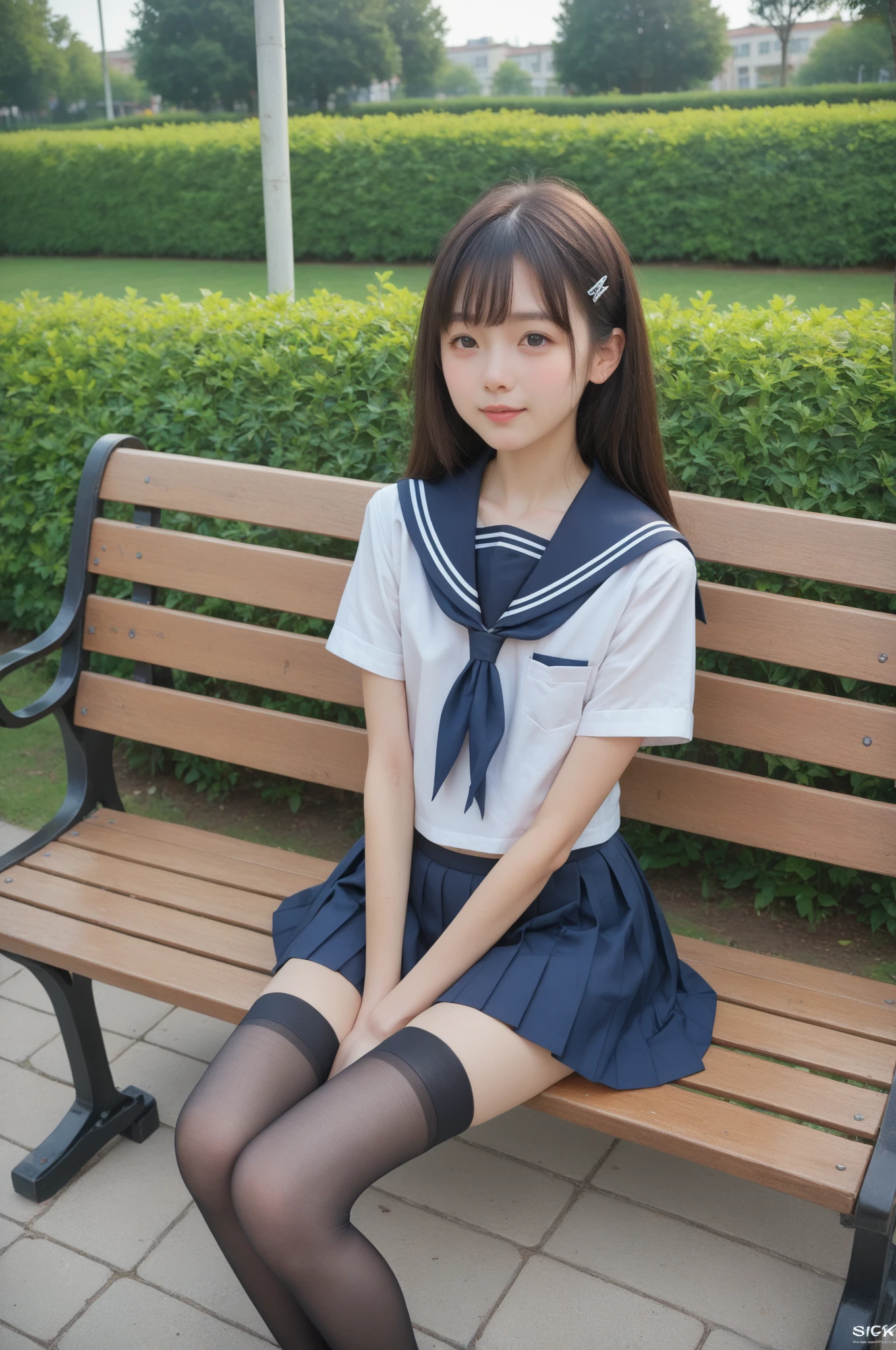   sailor suit ,***************************, cute girl,masterpiece,4K,8k,16k,  black stockings,  sit on a park bench , is short