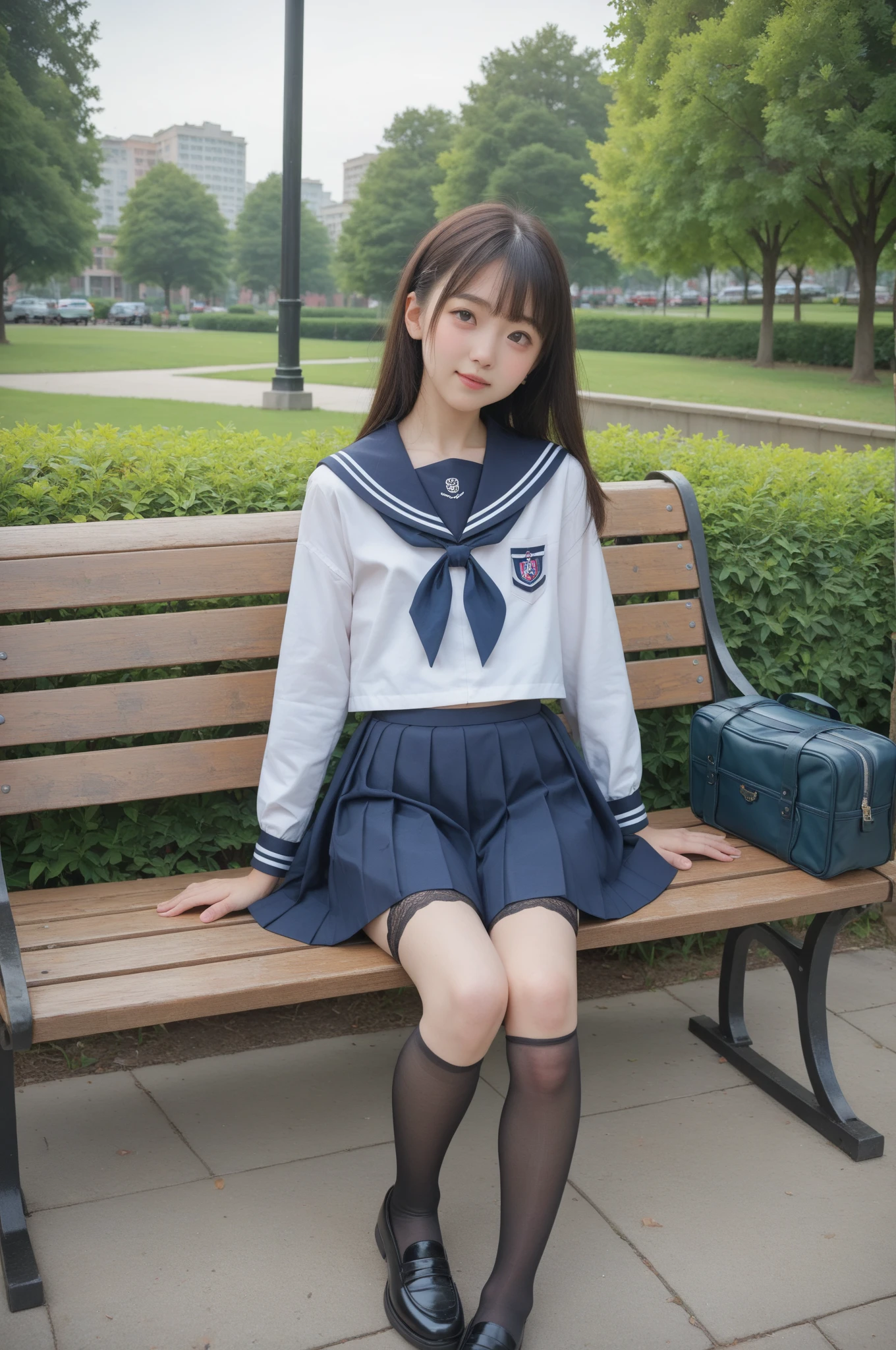   sailor suit ,Junior high school students, cute girl,masterpiece,4K,8k,16k,  black stockings,  sit on a park bench , is short